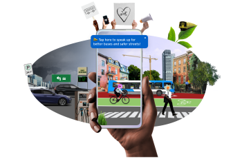 Collage of a hand holding a smartphone in front of a city street. To the left of the phone, there are cars on the street, the sky is gray, and a sign displays the price of gas. On the phone screen and to the right of the phone, the street is lined with trees and has a pedestrian crossing, a bike lane, and a bus lane, and the sky is clear. A notification on the phone screen urges people to take action for better buses and safer streets.