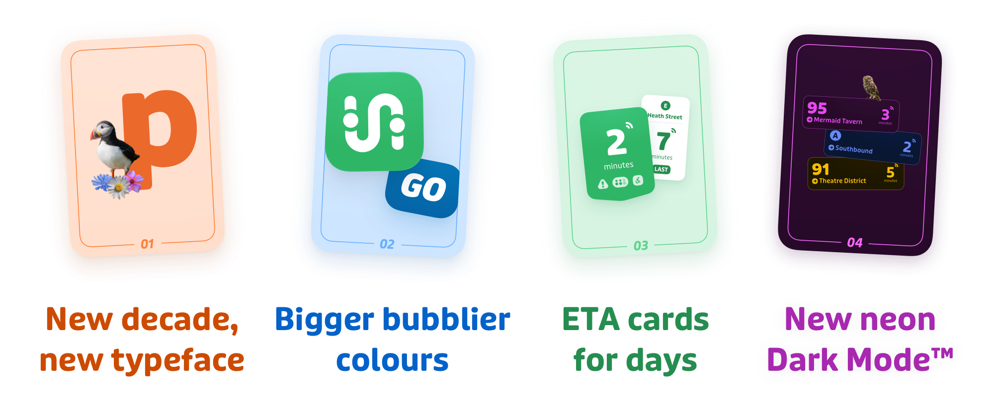 A new typeface, bigger bubblier colours, ETA cards, and a new neon dark mode.