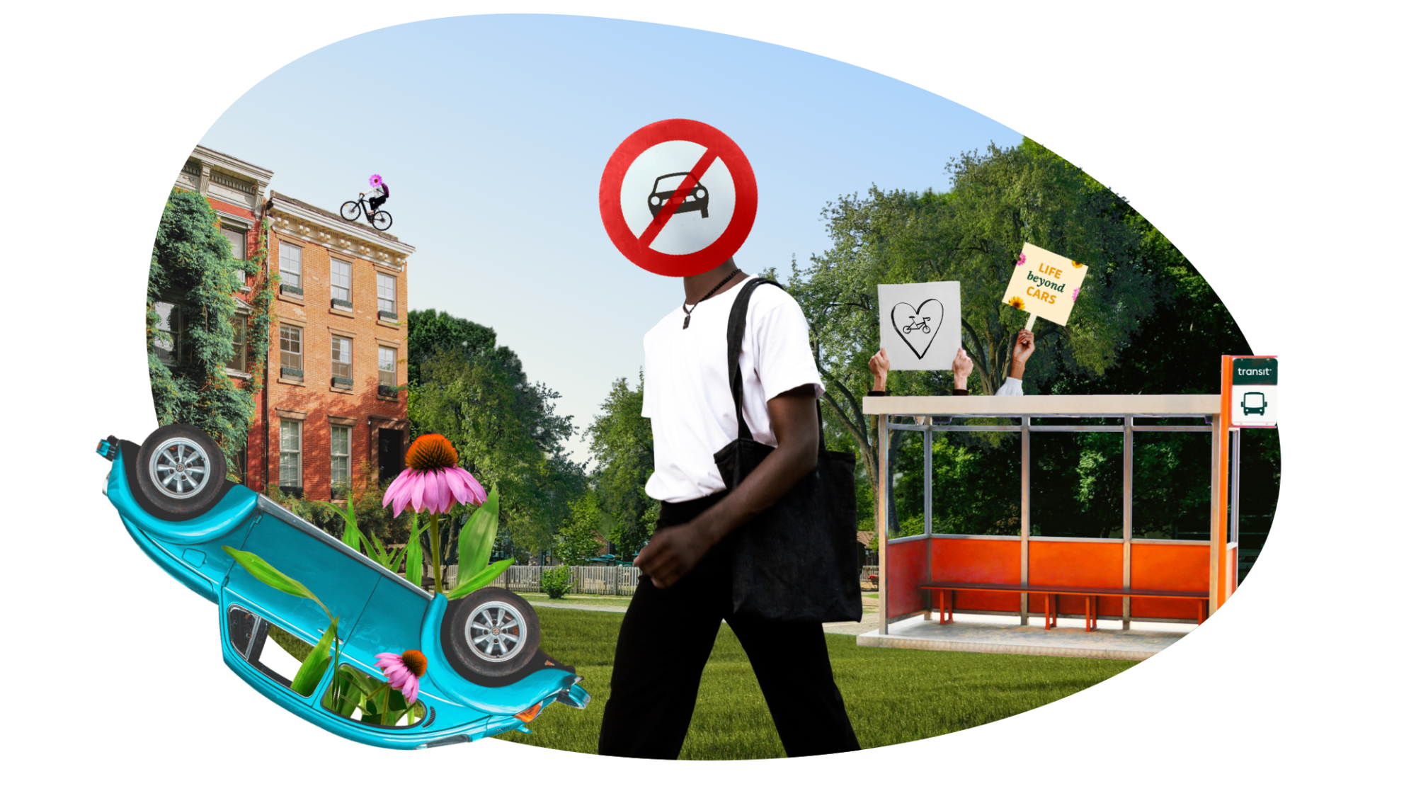 Collage showing an overturned car with flowers growing from it, a lush city landscape with trees, a man whose head is replaced by a “no cars” sign, and a bus shelter with signs saying “Love Bikes” and “Life Beyond Cars”