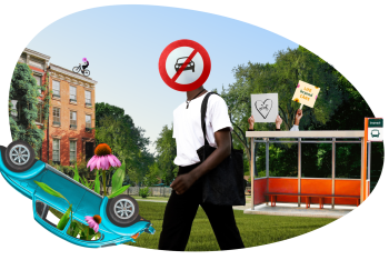 Collage showing an overturned car with flowers growing from it, a lush city landscape with trees, a man whose head is replaced by a “no cars” sign, and a bus shelter with signs saying “Love Bikes” and “Life Beyond Cars”